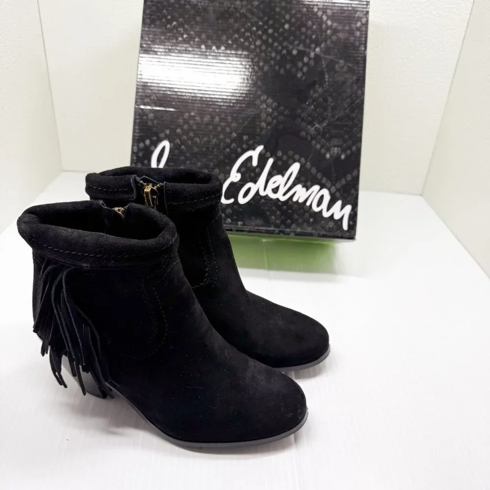 Sam Edelman Louie Black Suede Fringe Ankle Booties Block Heel Womens 6M